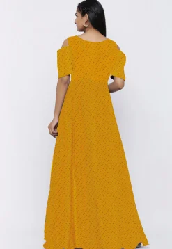 Leheriya Printed Georgette Flared Gown in Yellow