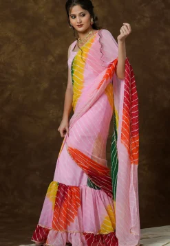 Leheriya Printed Georgette Saree Style Gown in Multicolor