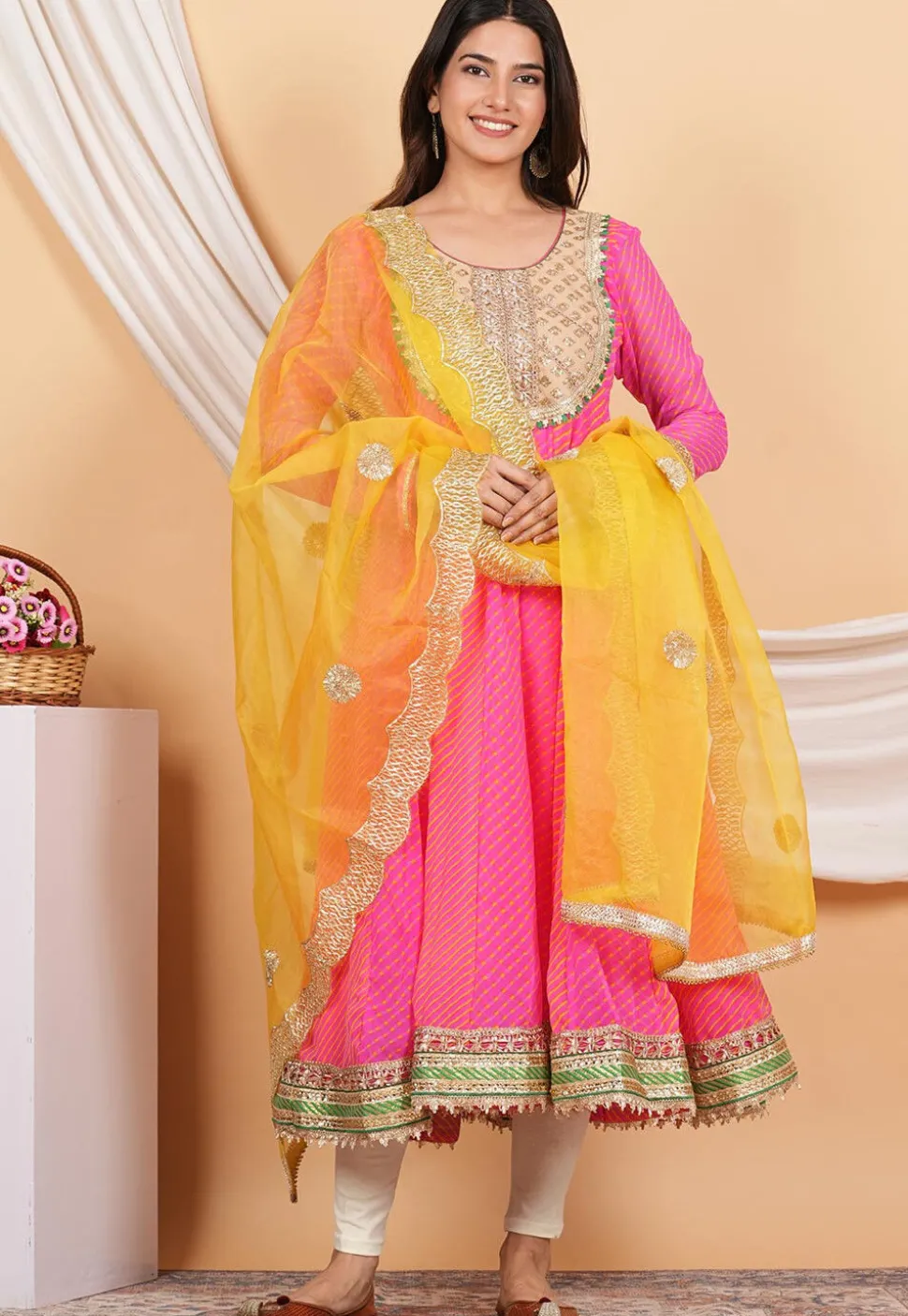 Leheriya Printed Georgette Anarkali Suit in Pink