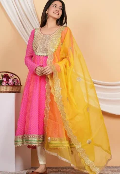 Leheriya Printed Georgette Anarkali Suit in Pink