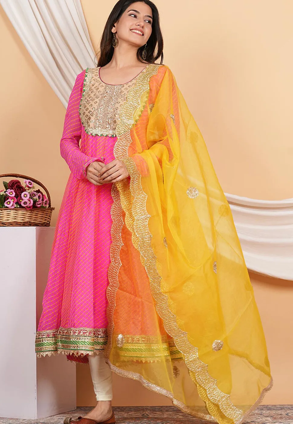 Leheriya Printed Georgette Anarkali Suit in Pink