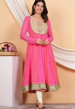 Leheriya Printed Georgette Anarkali Suit in Pink