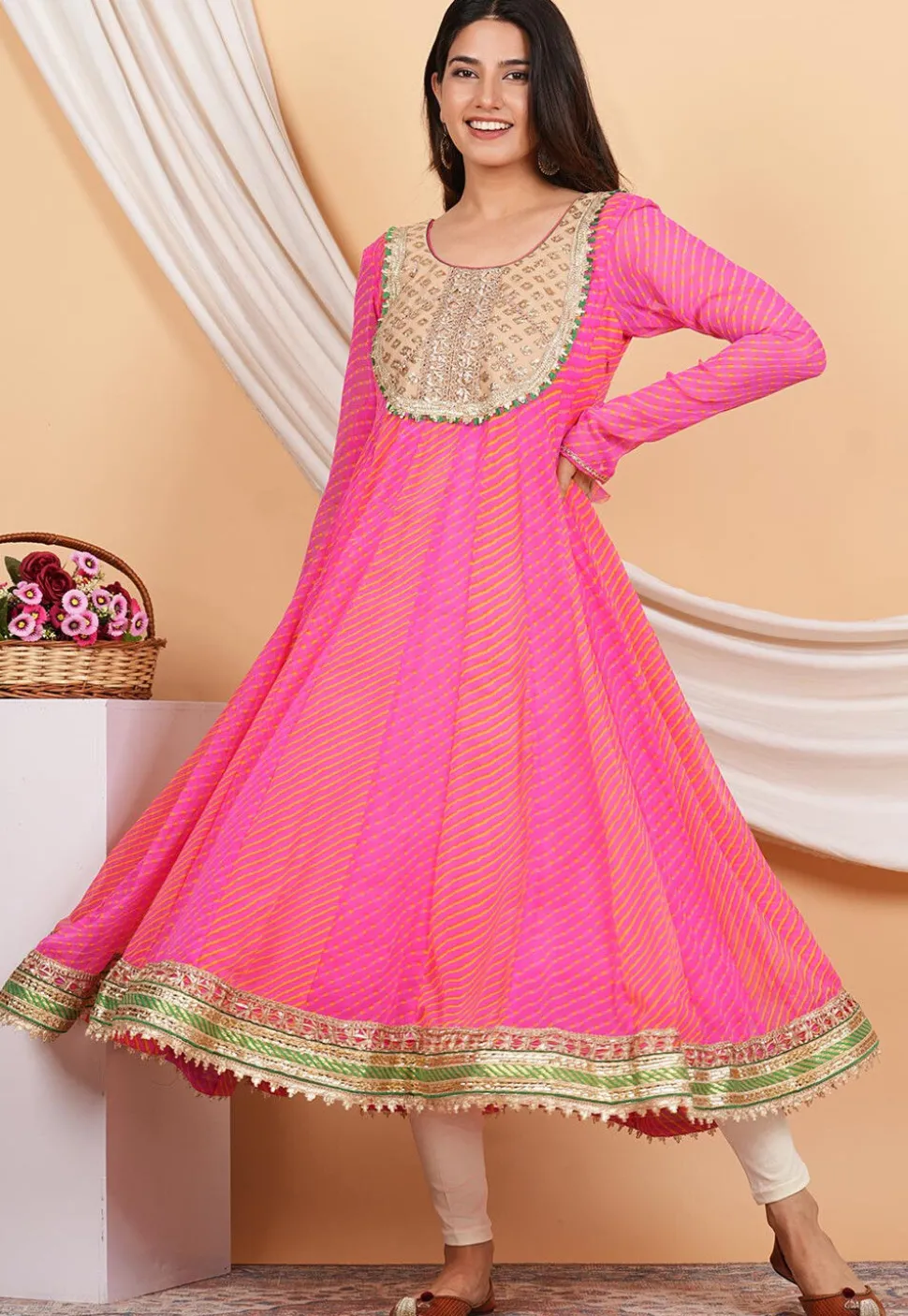 Leheriya Printed Georgette Anarkali Suit in Pink