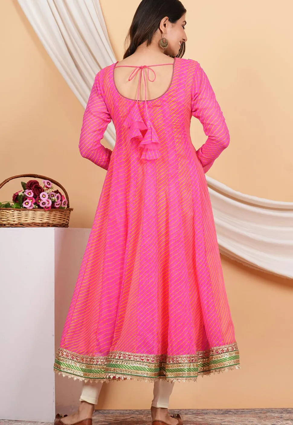 Leheriya Printed Georgette Anarkali Suit in Pink