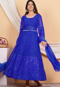 Leheriya Printed Georgette Anarkali Suit in Royal Blue