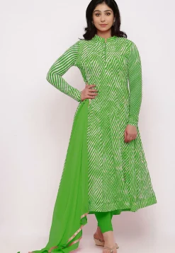 Leheriya Printed Georgette Anarkali Suit in Parrot Green