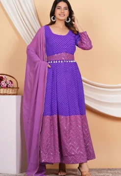 Leheriya Printed Georgette Anarkali Suit in Purple and Light Purple