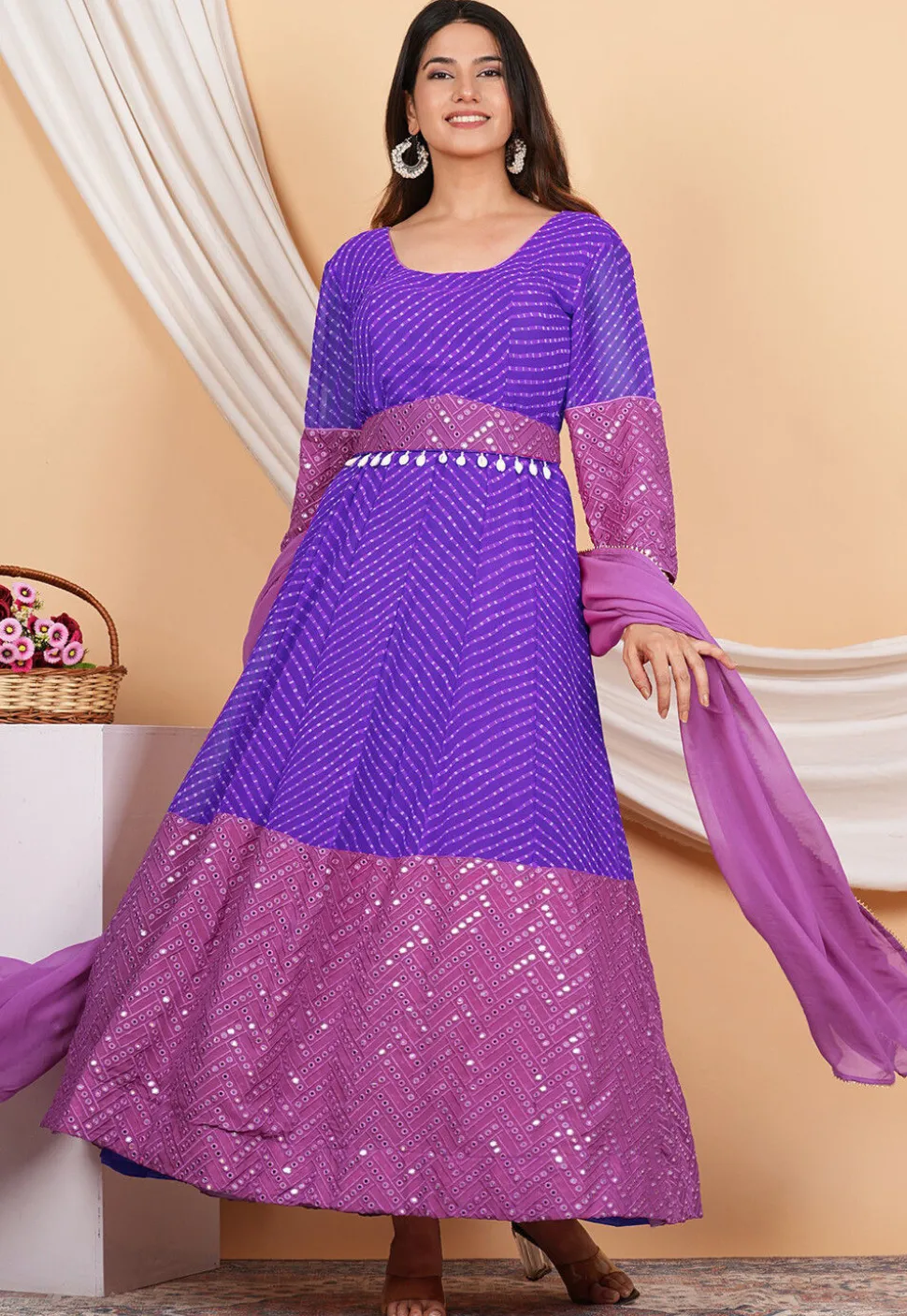 Leheriya Printed Georgette Anarkali Suit in Purple and Light Purple