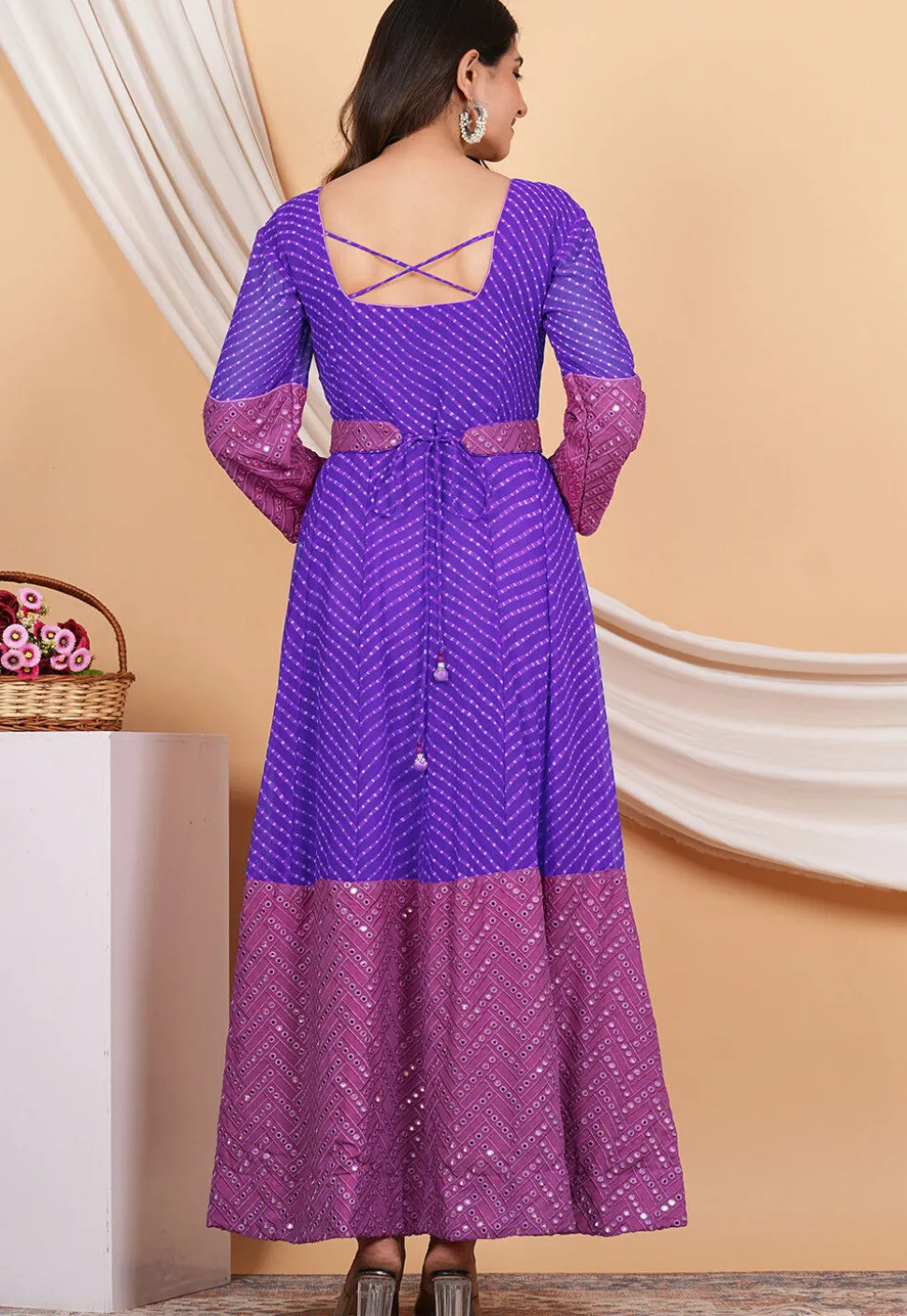 Leheriya Printed Georgette Anarkali Suit in Purple and Light Purple