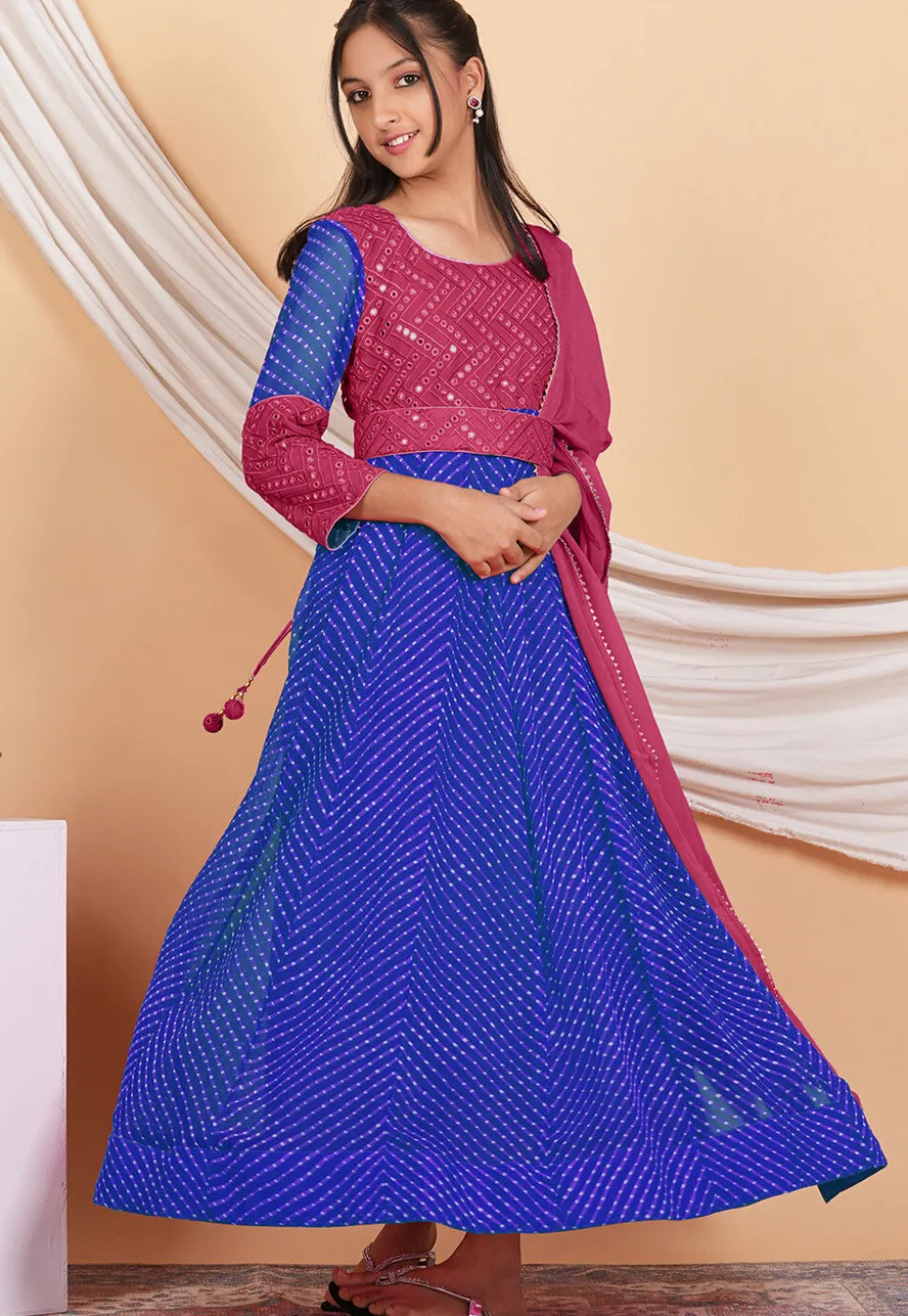 Leheriya Printed Georgette Abaya Style Suit in Blue and Pink