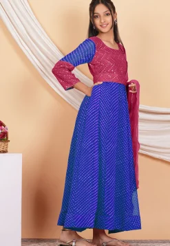 Leheriya Printed Georgette Abaya Style Suit in Blue and Pink