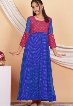 Leheriya Printed Georgette Abaya Style Suit in Blue and Pink