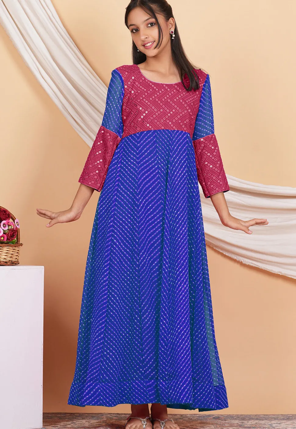 Leheriya Printed Georgette Abaya Style Suit in Blue and Pink