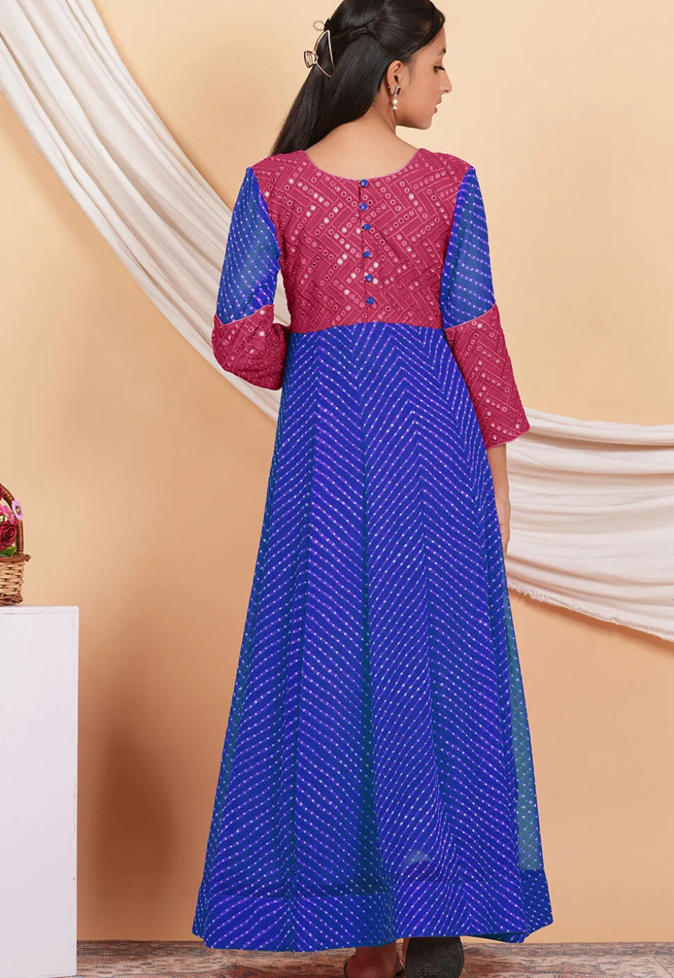 Leheriya Printed Georgette Abaya Style Suit in Blue and Pink