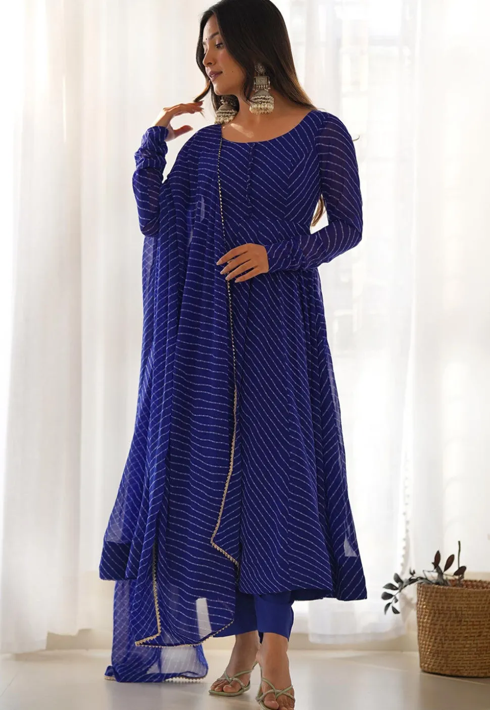 Leheriya Printed Georgette Anarkali Suit in Royal Blue