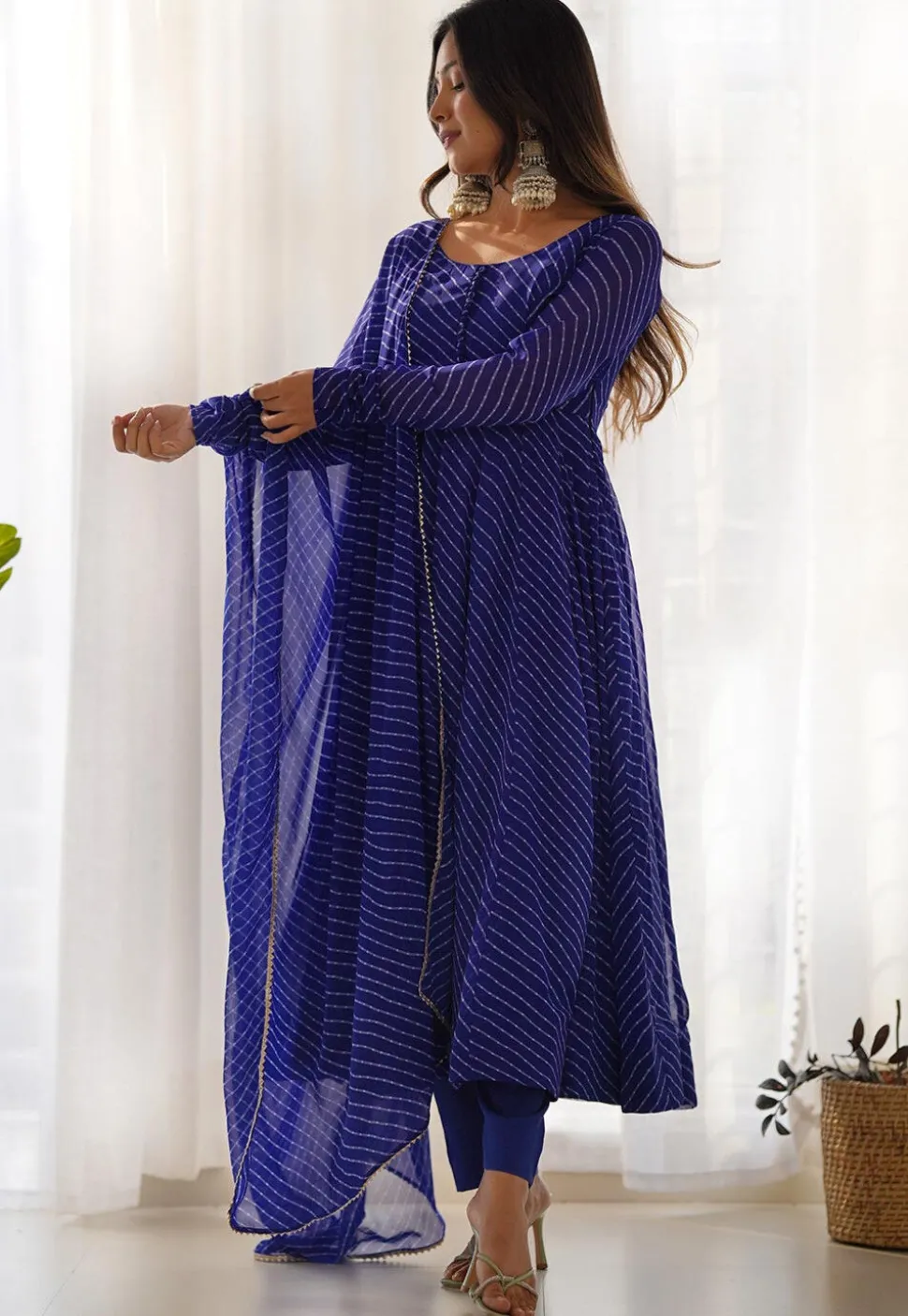 Leheriya Printed Georgette Anarkali Suit in Royal Blue