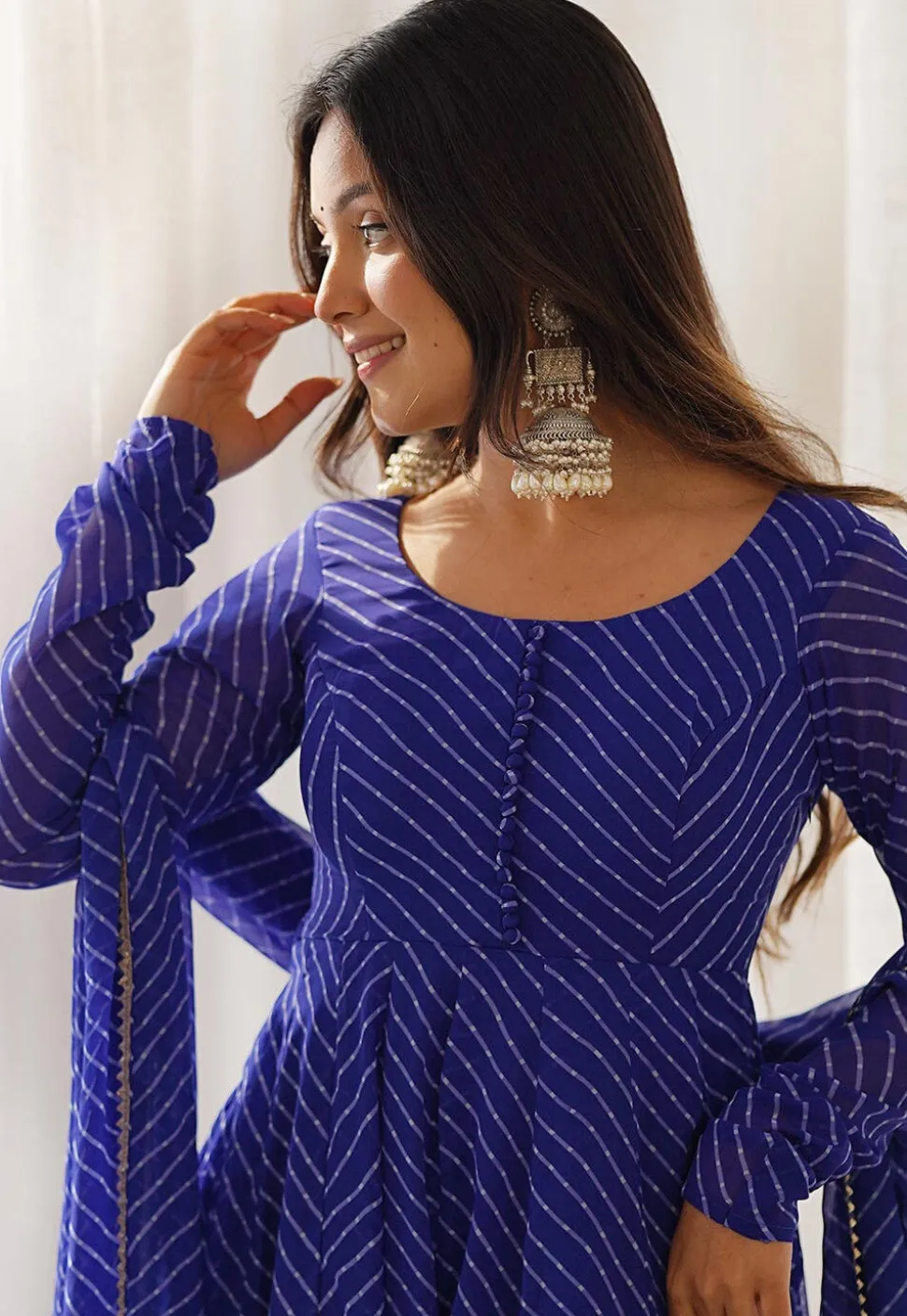 Leheriya Printed Georgette Anarkali Suit in Royal Blue