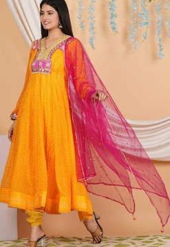 Leheriya Printed Georgette Anarkali Suit in Mustard