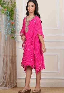 Leheriya Printed Georgette Kaftan Dress in Pink