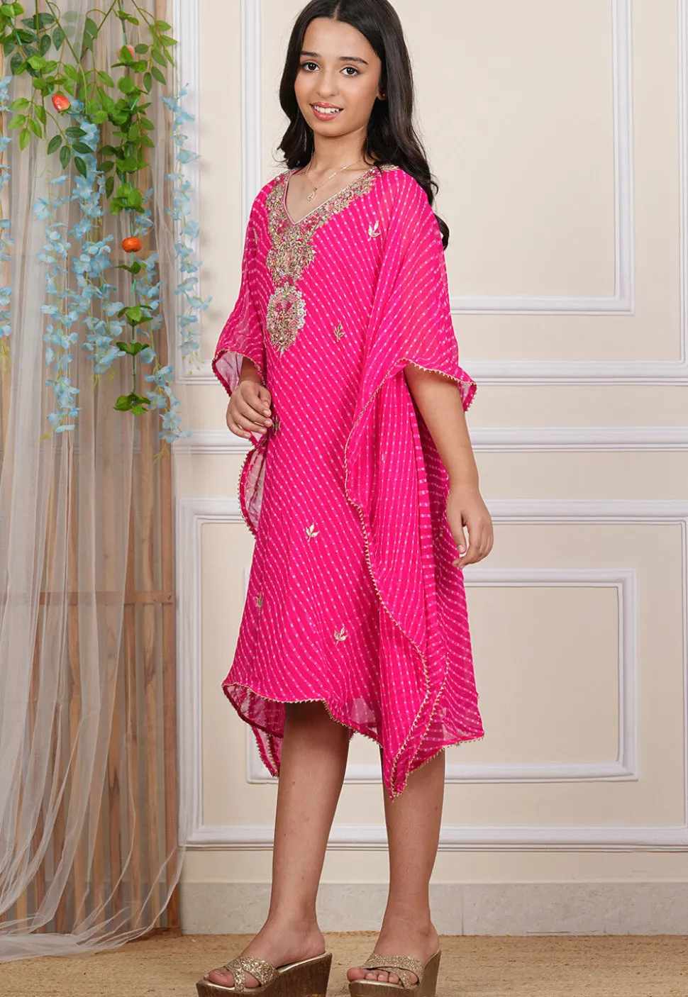 Leheriya Printed Georgette Kaftan Dress in Pink