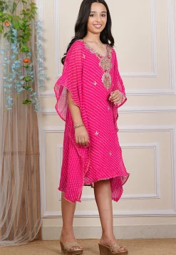 Leheriya Printed Georgette Kaftan Dress in Pink