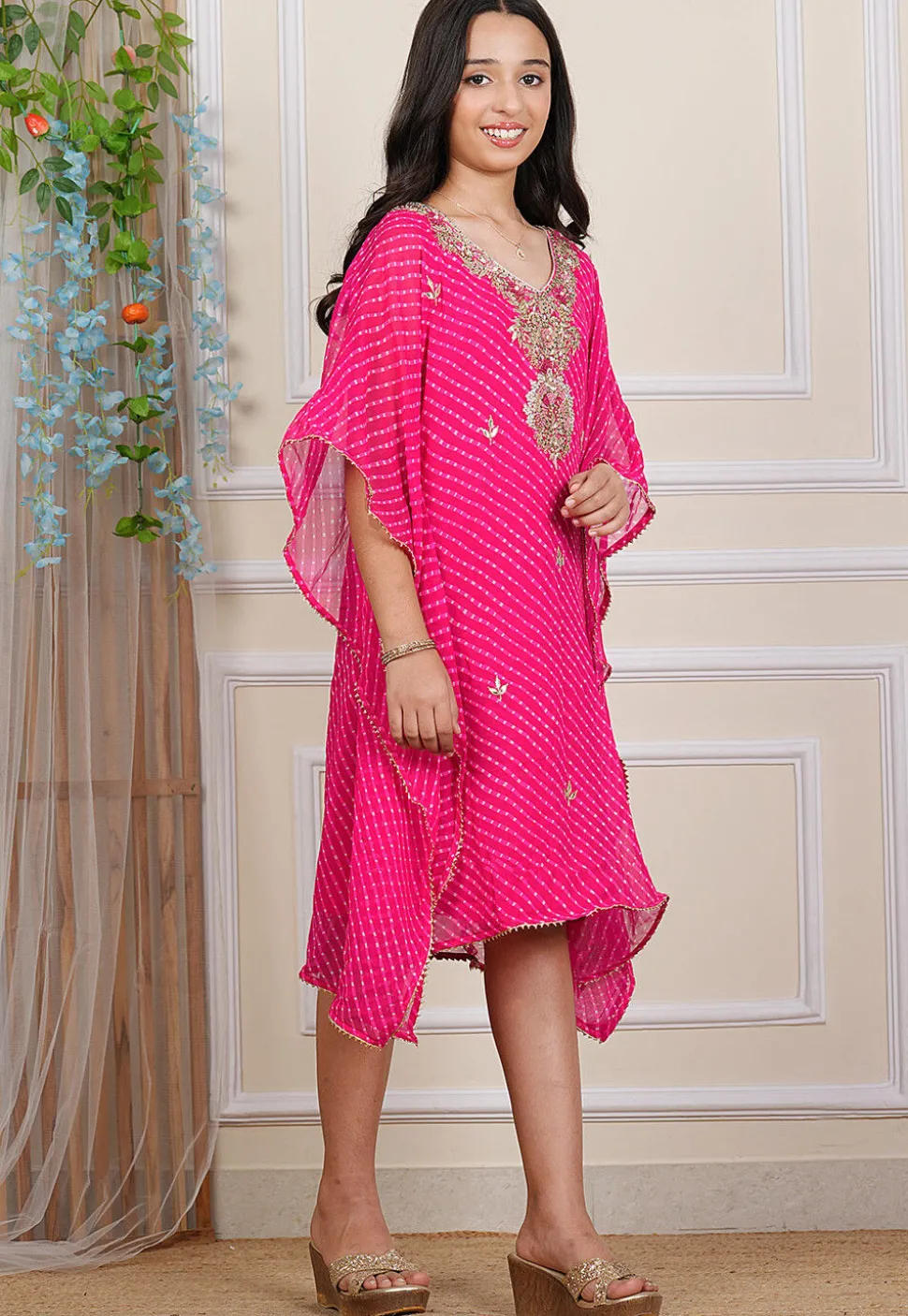 Leheriya Printed Georgette Kaftan Dress in Pink