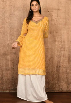 Leheriya Printed Georgette Straight Kurta Set in Mustard