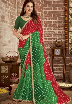 Leheriya Printed Georgette Saree in Red and Green