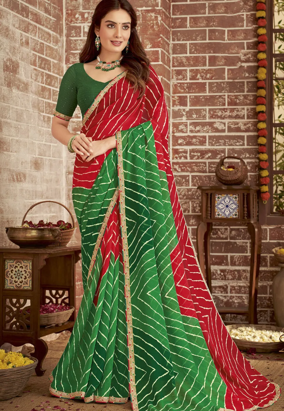 Leheriya Printed Georgette Saree in Red and Green