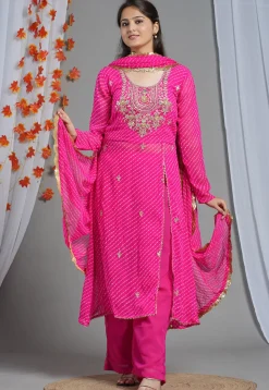 Leheriya Printed Georgette Aline Suit in Fuchsia
