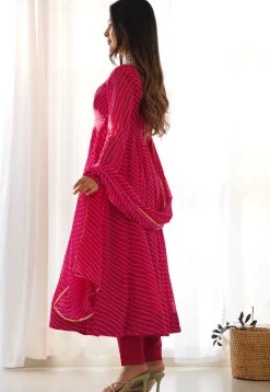 Leheriya Printed Georgette Anarkali Suit in Fuchsia
