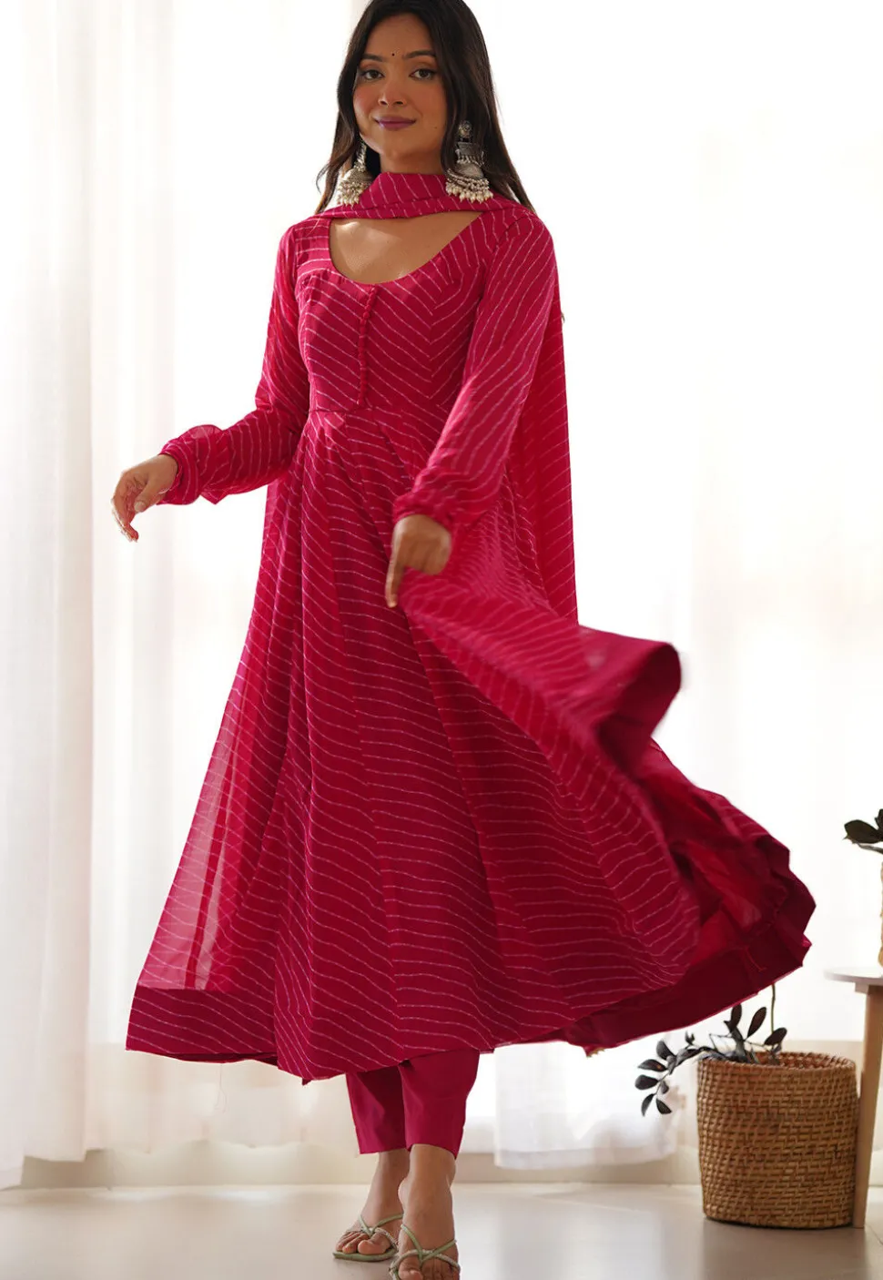 Leheriya Printed Georgette Anarkali Suit in Fuchsia
