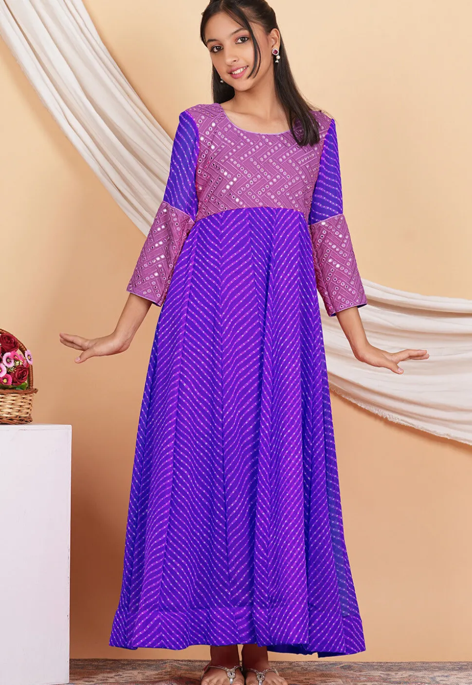 Leheriya Printed Georgette Long Kurta Set in Purple