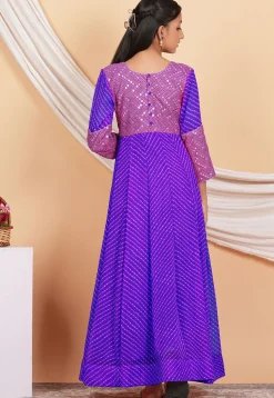 Leheriya Printed Georgette Long Kurta Set in Purple
