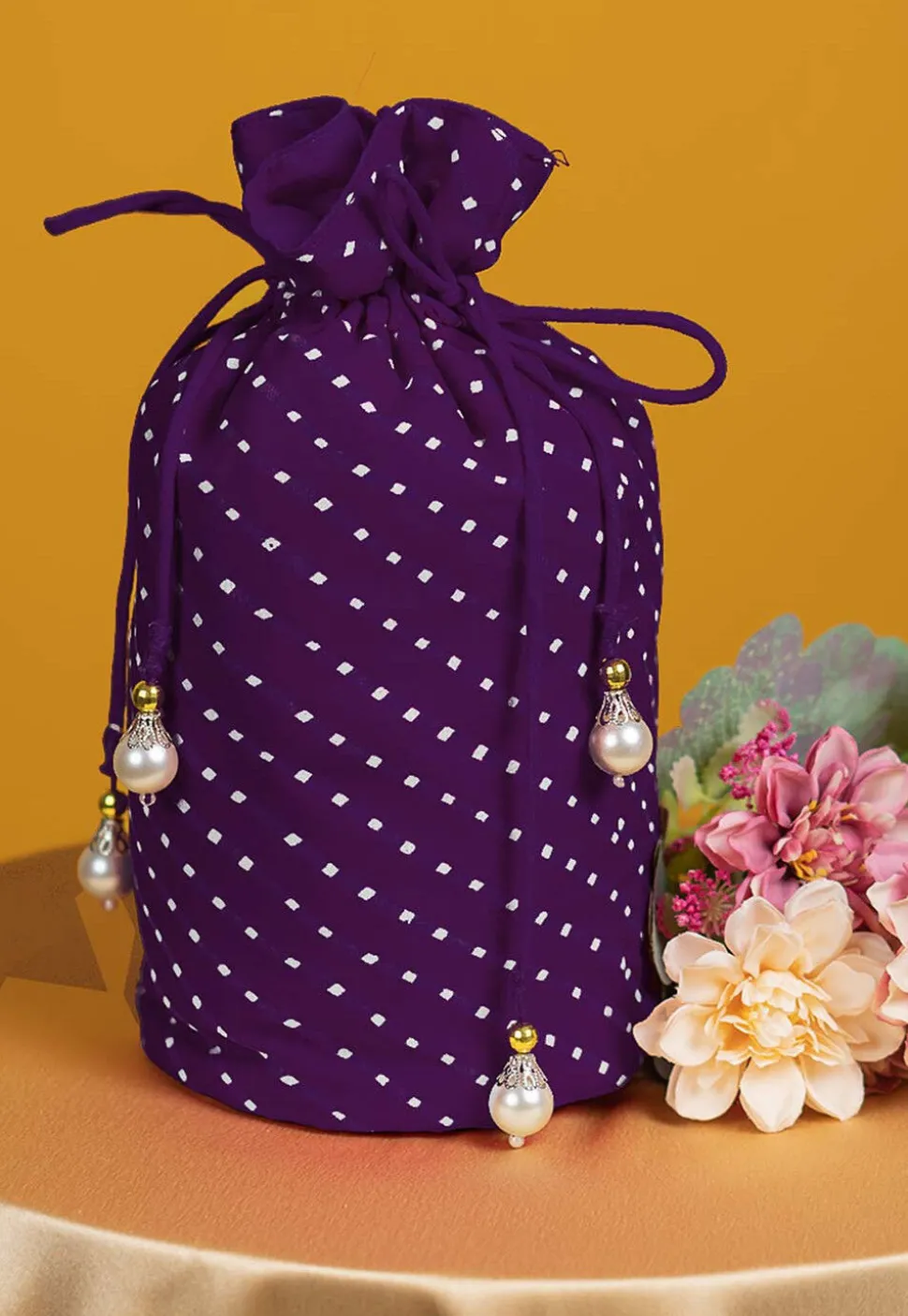 Leheriya Printed Georgette Potli Bag in Purple