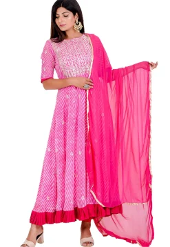 Leheriya Printed Georgette Anarkali Suit in Pink