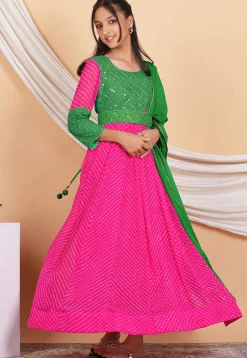Leheriya Printed Georgette Abaya Style Suit in Fuchsia and Green