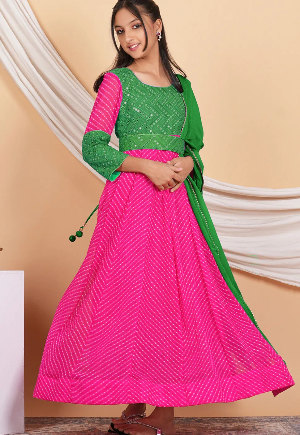 Leheriya Printed Georgette Abaya Style Suit in Fuchsia and Green