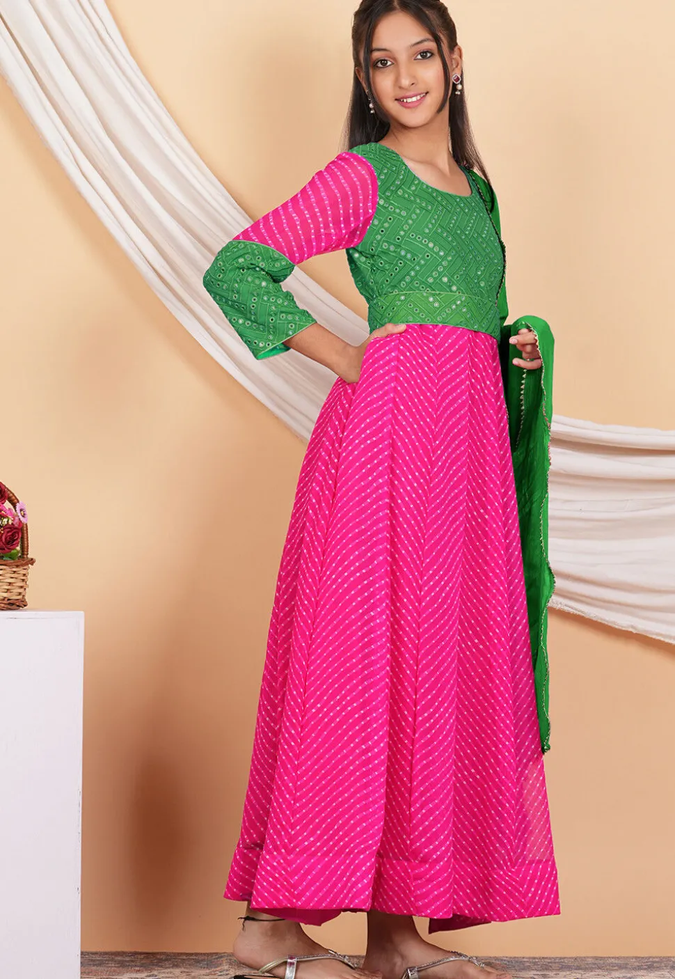 Leheriya Printed Georgette Abaya Style Suit in Fuchsia and Green
