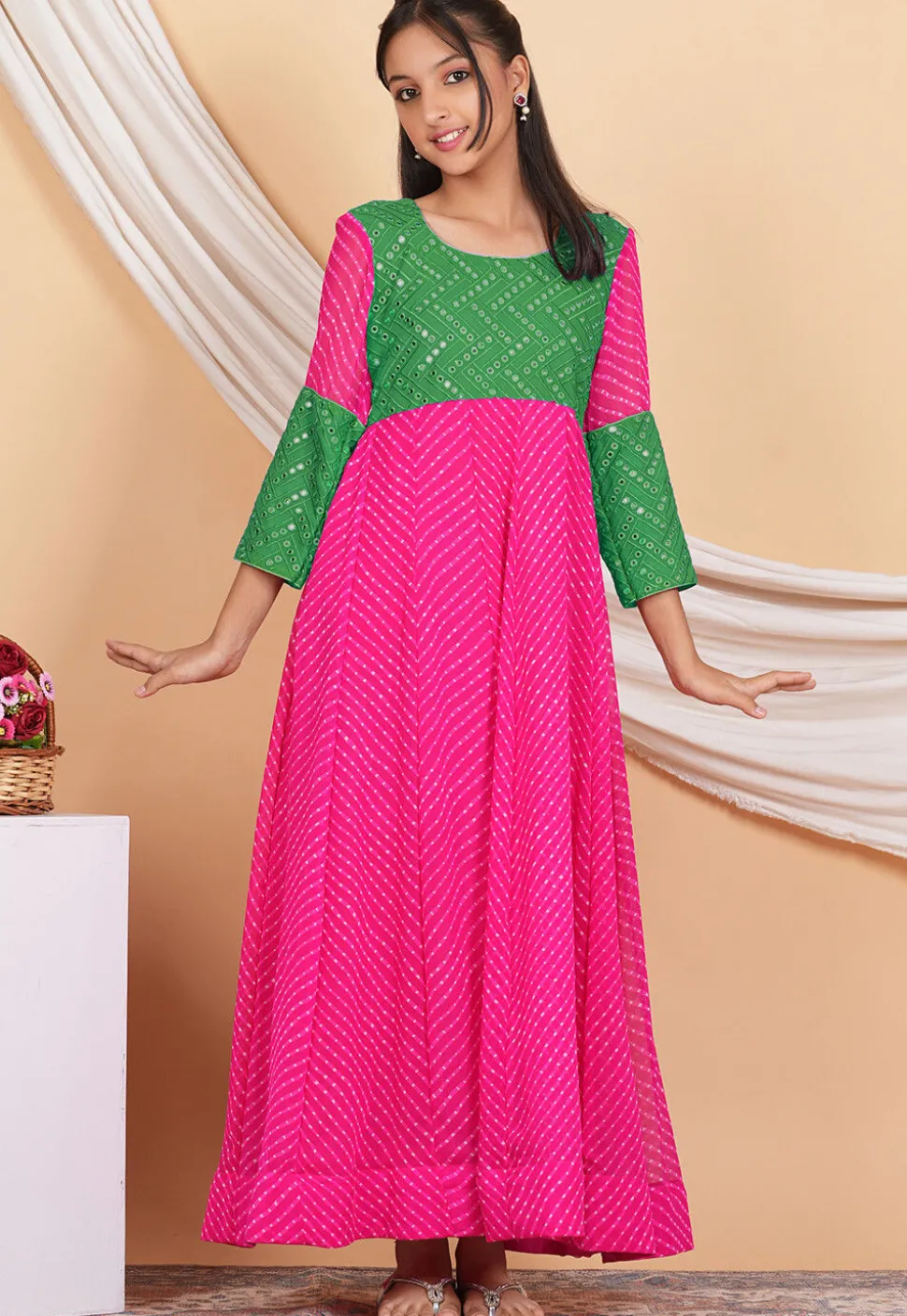 Leheriya Printed Georgette Abaya Style Suit in Fuchsia and Green