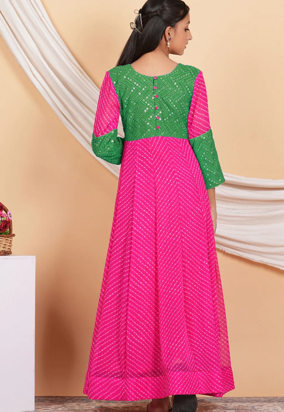 Leheriya Printed Georgette Abaya Style Suit in Fuchsia and Green