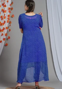 Leheriya Printed Georgette Asymmetric Kurta in Royal Blue