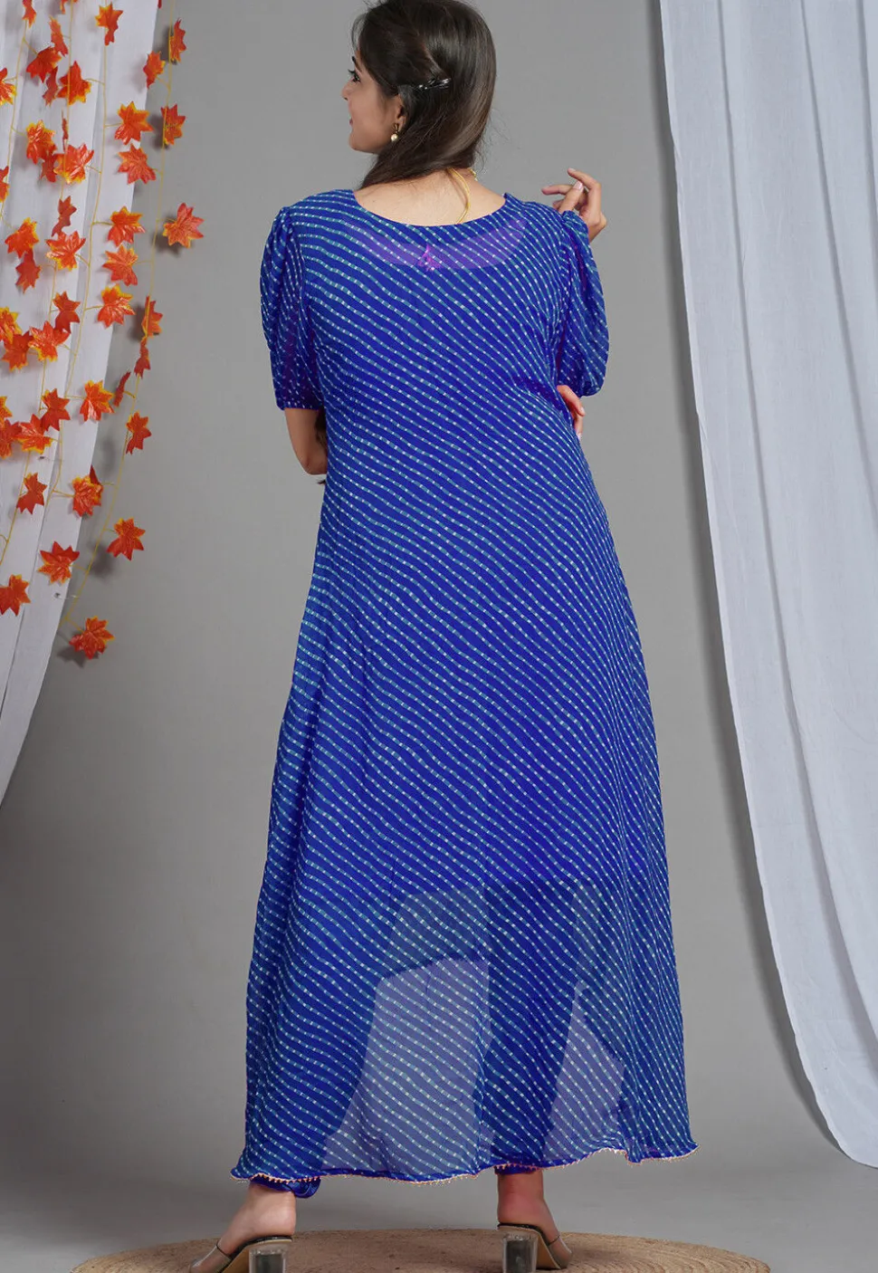 Leheriya Printed Georgette Asymmetric Kurta in Royal Blue