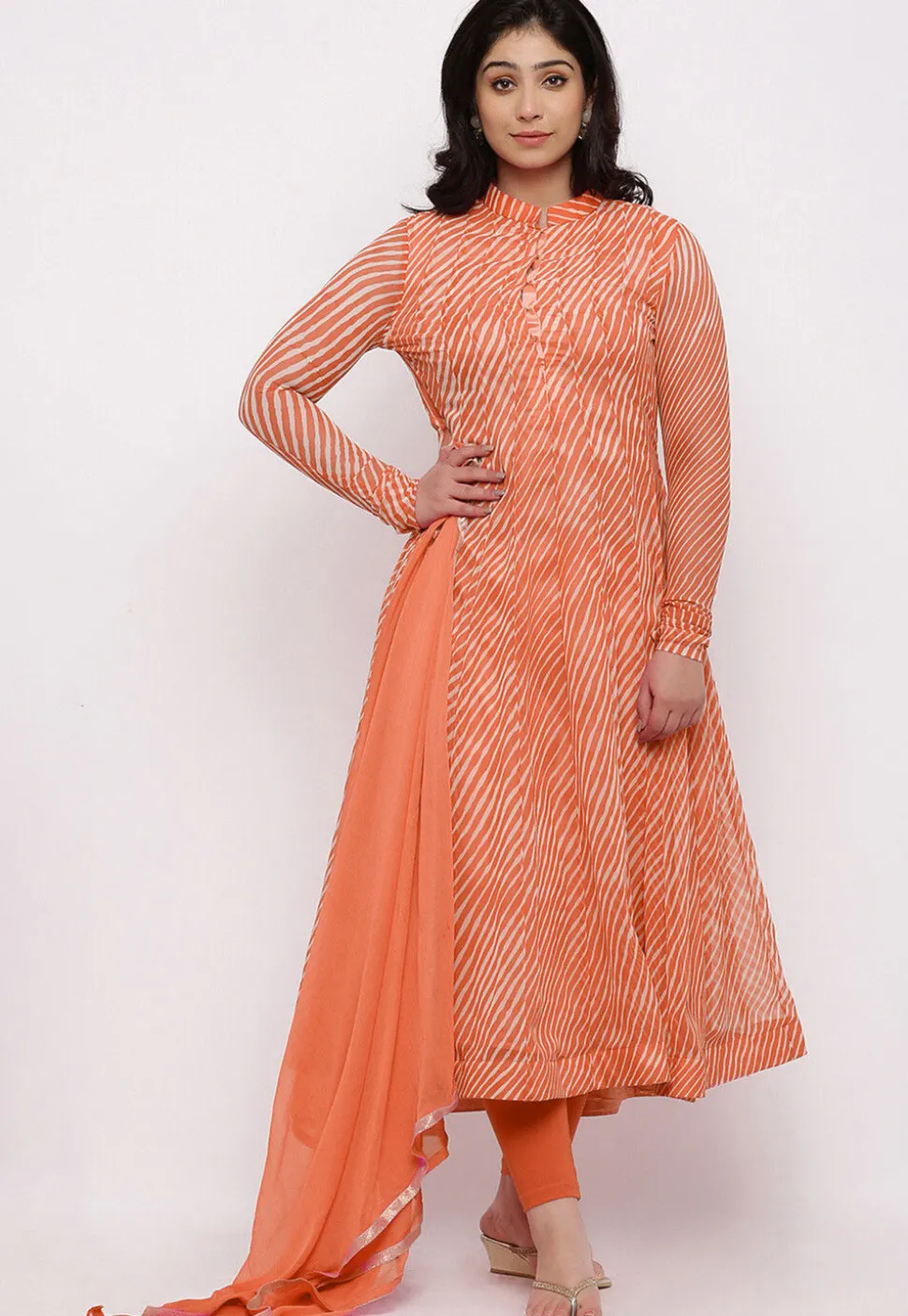 Leheriya Printed Georgette Anarkali Suit in Orange