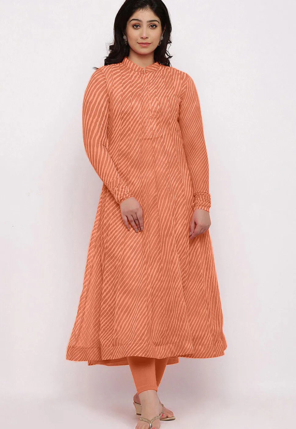 Leheriya Printed Georgette Anarkali Suit in Orange