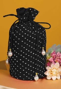 Leheriya Printed Georgette Potli Bag in Black