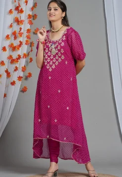 Leheriya Printed Georgette Asymmetric Kurta Set in Fuchsia
