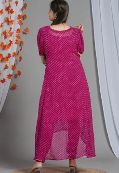 Leheriya Printed Georgette Asymmetric Kurta Set in Fuchsia