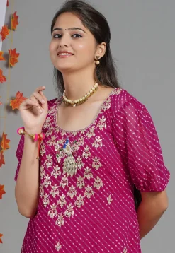 Leheriya Printed Georgette Asymmetric Kurta Set in Fuchsia