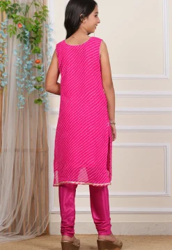 Leheriya Printed Georgette Straight Kurta Set in Pink
